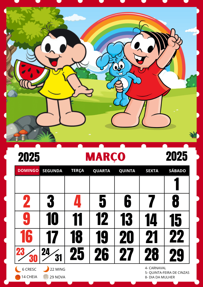 Calendário Turma da Mônica 2025 uma folha por mês pronto para imprimir mês de março