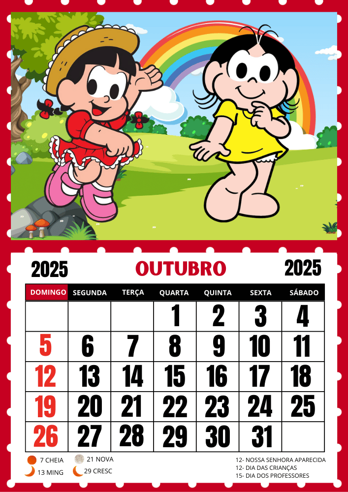 Calendário Turma da Mônica 2025 uma folha por mês pronto para imprimir mês de outubro