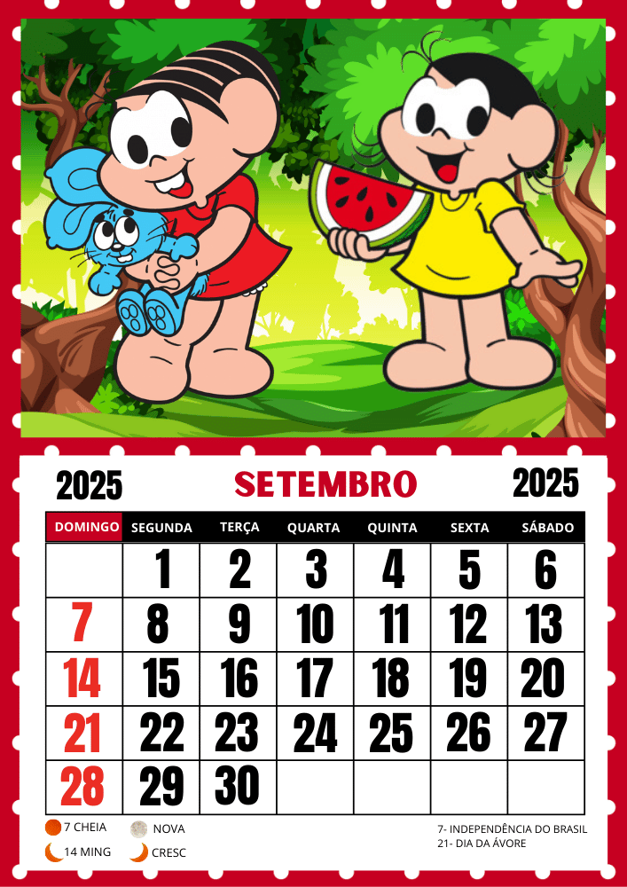 Calendário Turma da Mônica 2025 uma folha por mês pronto para imprimir mês de setembro