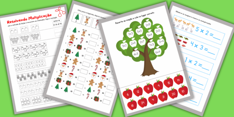 Atividades de multiplicação com desenhos para o segundo ano do ensino fundamental Recorte as maçãs e cole no lugar correto