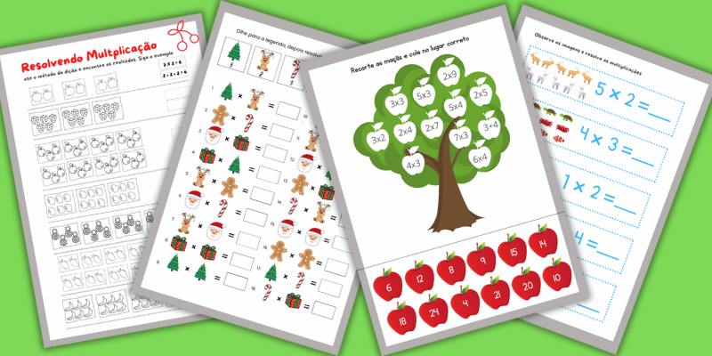 Atividades de multiplicação com desenhos para o segundo ano do ensino fundamental Recorte as maçãs e cole no lugar correto