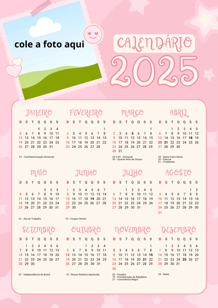 Modelo 3 de calendário para foto educação infantil menina