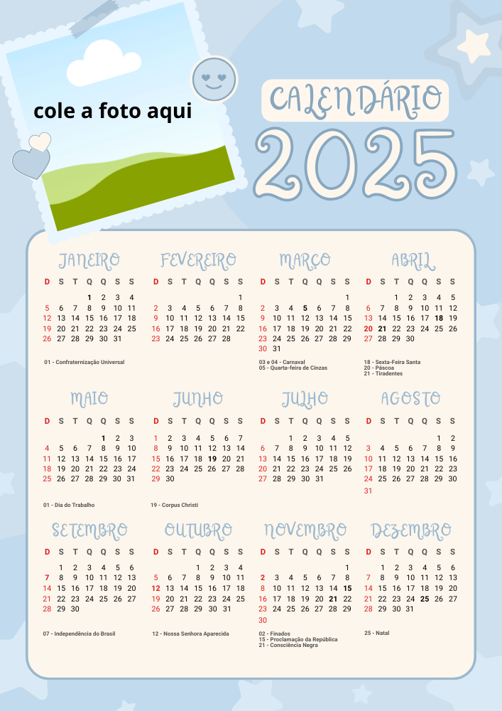 Calendário para foto da educação infantil temas menino