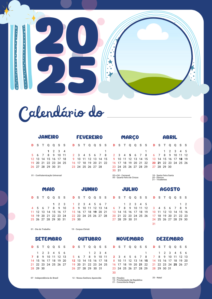 Calendário para foto educação infantil 2025 cor azul menino