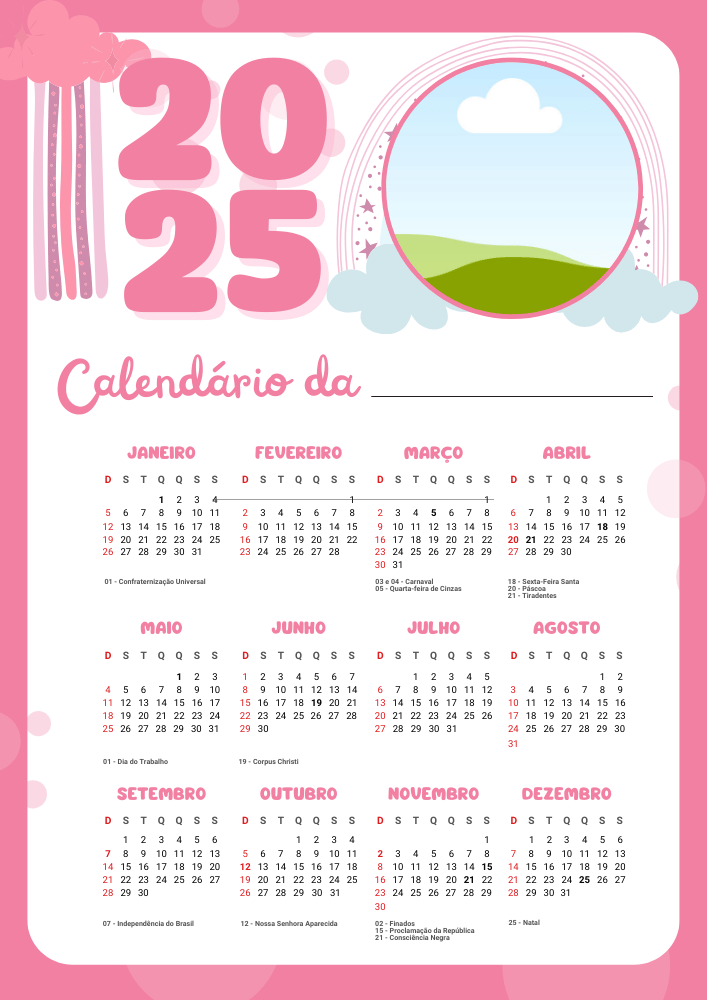 Modelo 2 de calendário com espaço para foto a tentação infantil menina