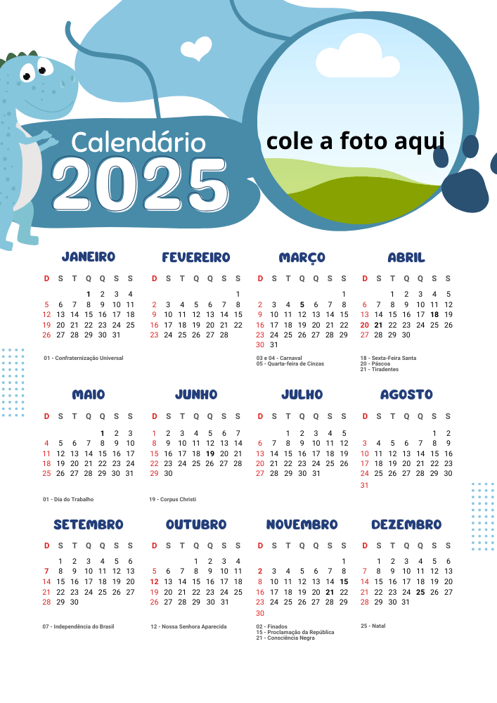 Calendário com espaço para foto 2025 educação infantil modelo um menino