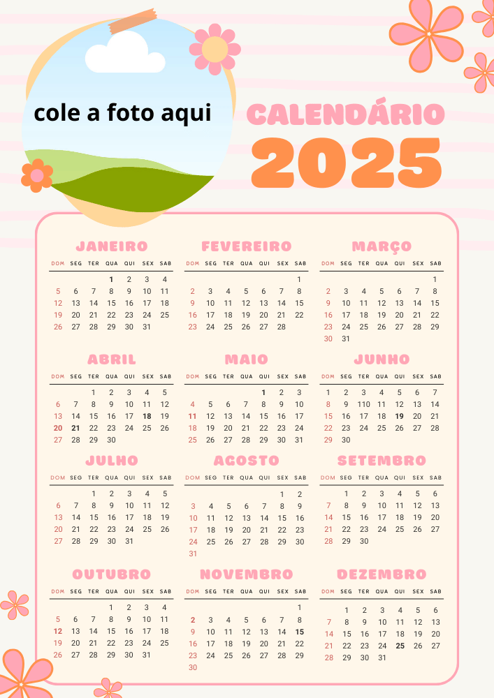 Modelo de calendário para educação infantil com espaço para foto 2025 modelo 7 menina