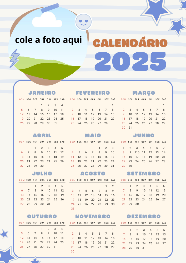 Calendário 2025 com espaço para falta de educação infantil o modelo 2 menino