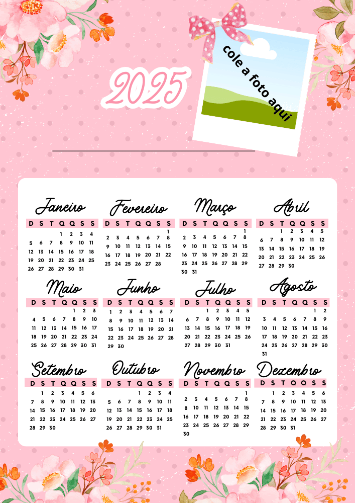 Calendário 2025 para foto educação infantil corrosa modelo 6 para menina