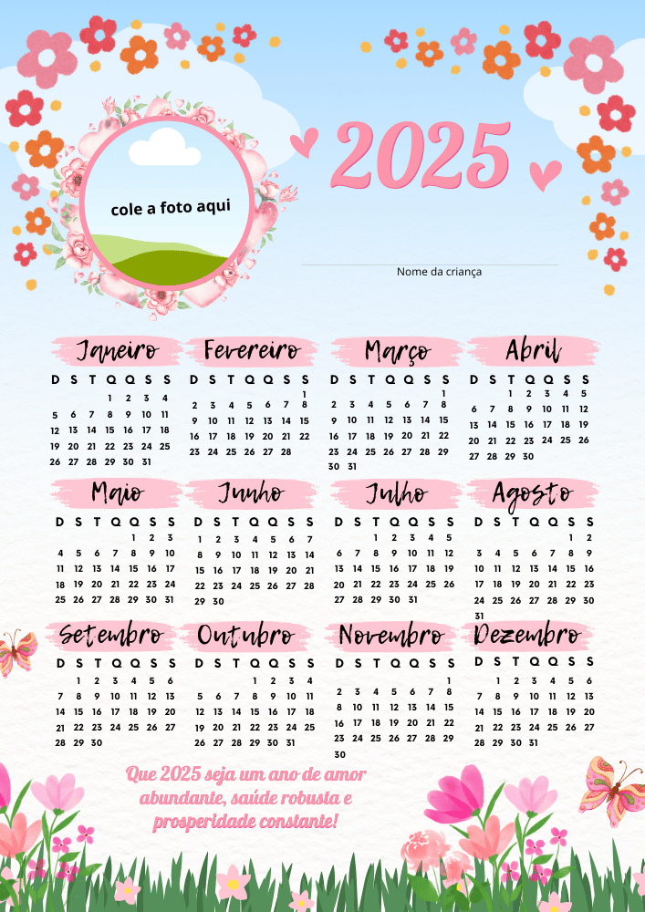 Modelo 4 de calendário com espaço para foto 2025 menina Educação infantil