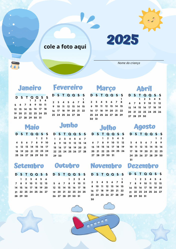 Calendário para foto educação infantil modelo 4 menino