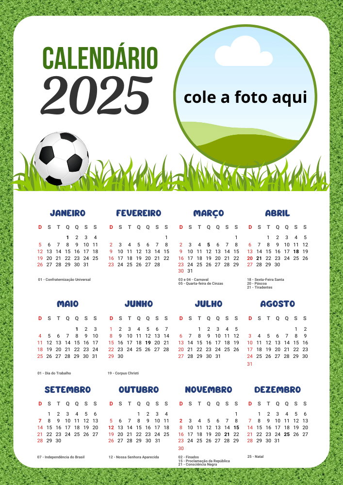 Calendário para foto educação infantil 2025 tema futebol menino