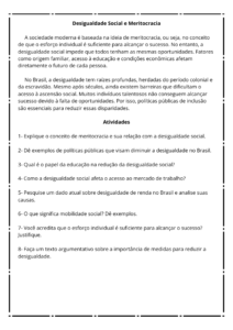 Texto de sociologia com atividade e interpretação sobre desigualdade