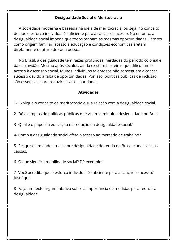 Texto de sociologia com atividade e interpretação sobre desigualdade