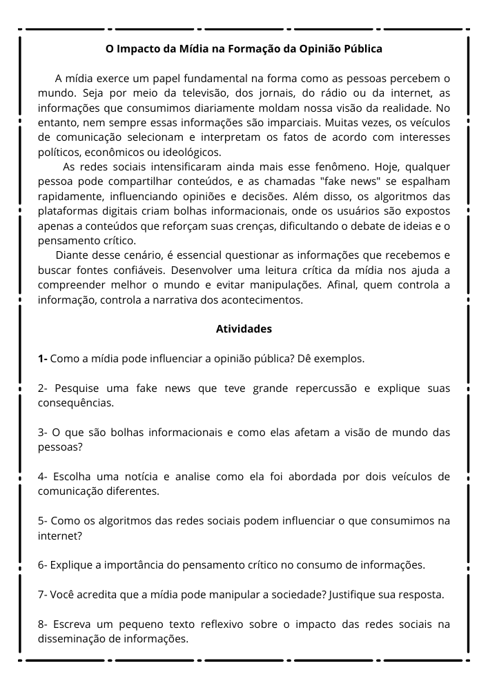 Texto com atividades de sociologia Para estudantes do ensino médio