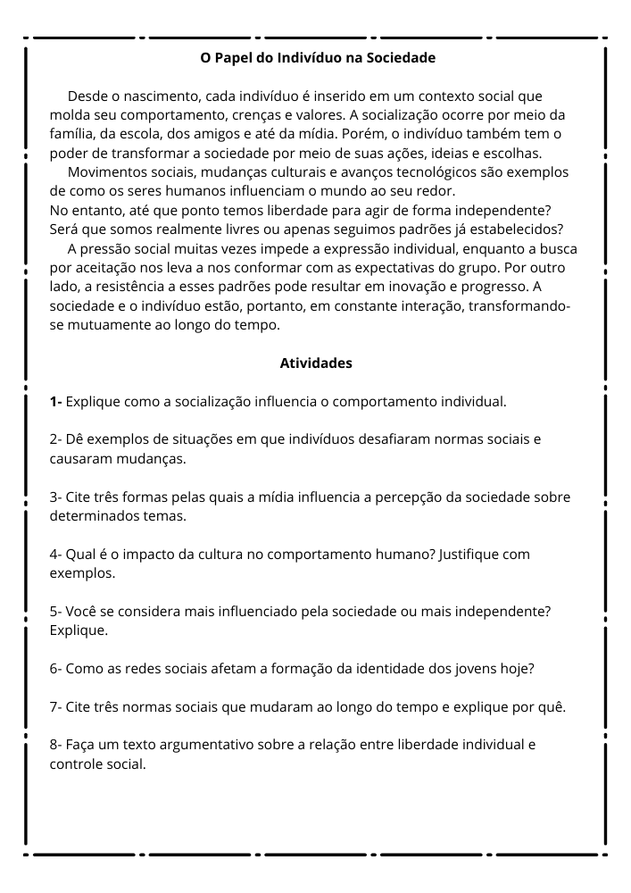 Texto com atividades de sociologia Sobre o indivíduo e sociedade