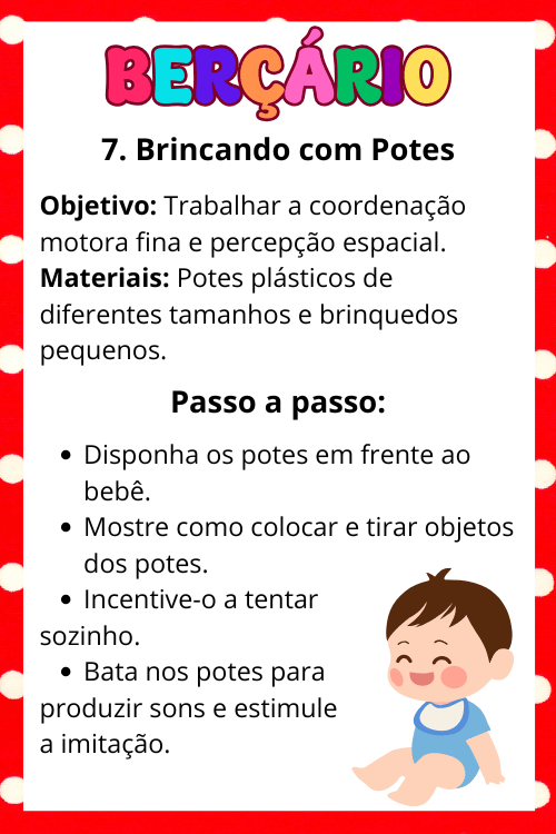 A atividade lógica e sensorial para berçário 1 e 2 brincando com potes