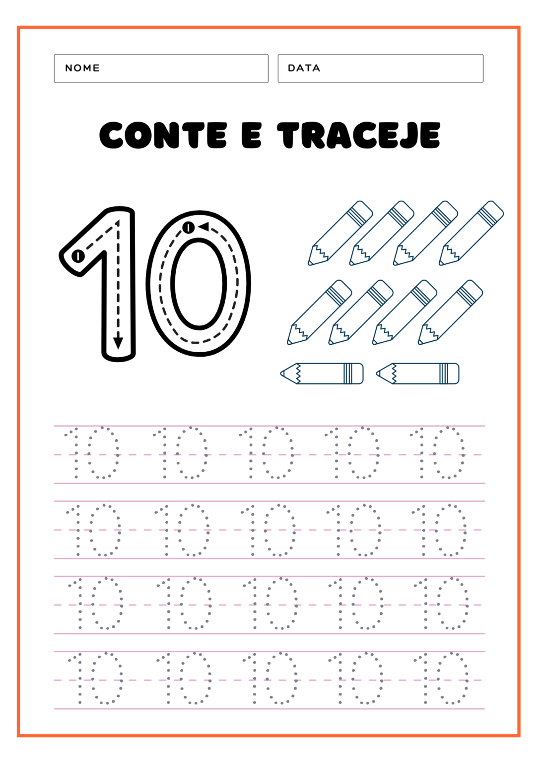 Números pontilhados de 0 a 10 para imprimir
