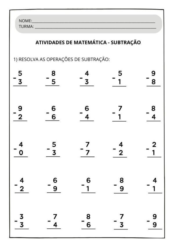 Atividades de matemática para 1º ano adição e subtração