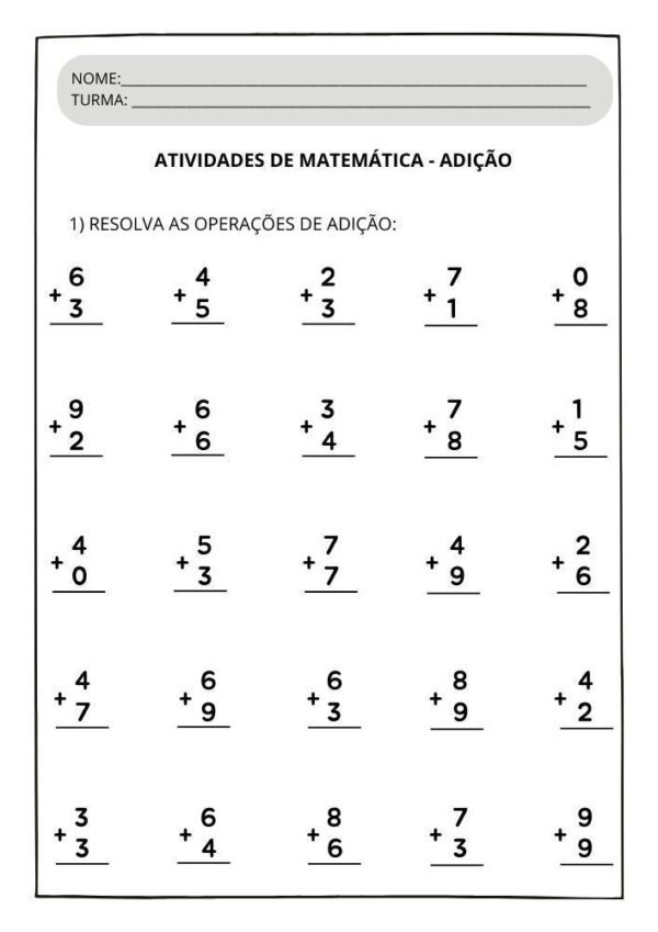 Atividades de matemática para 1º ano adição e subtração