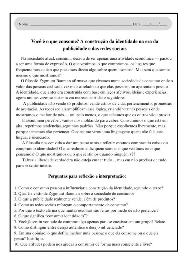 Texto de Filosofia com Atividades para Ensino Médio