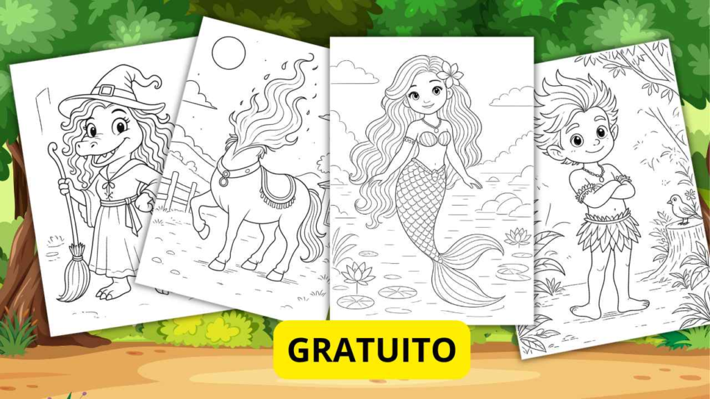 personagens folclore para colorir e imprimir: saci perere, iara, boto cor de rosa, curupira, lobisomem, mula sem cabeça, boitatá