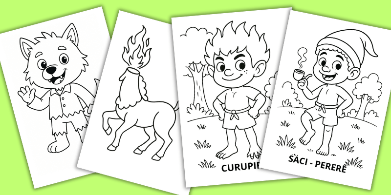 personagens folclore para colorir e imprimir: saci perere, iara, boto cor de rosa, curupira, lobisomem, mula sem cabeça, boitatá