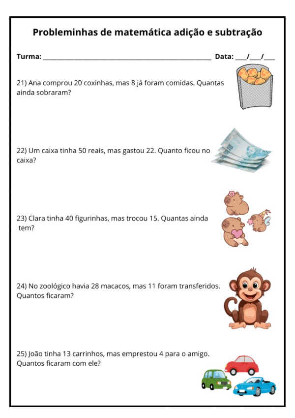 40 probleminhas de matematica 3 ano adição e subtração