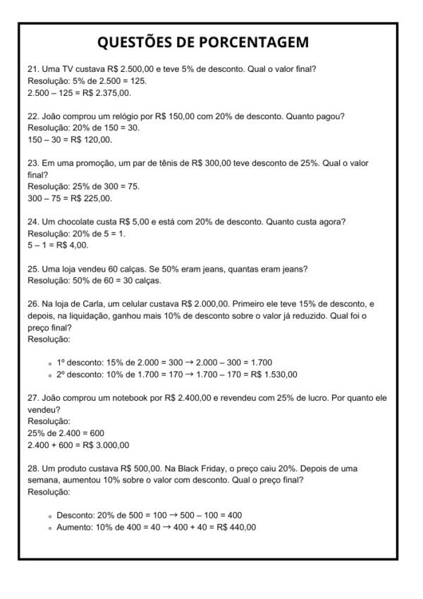 50 Questões de Porcentagem para 7º Ano com Gabarito