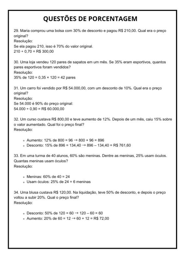 50 Questões de Porcentagem para 7º Ano com Gabarito