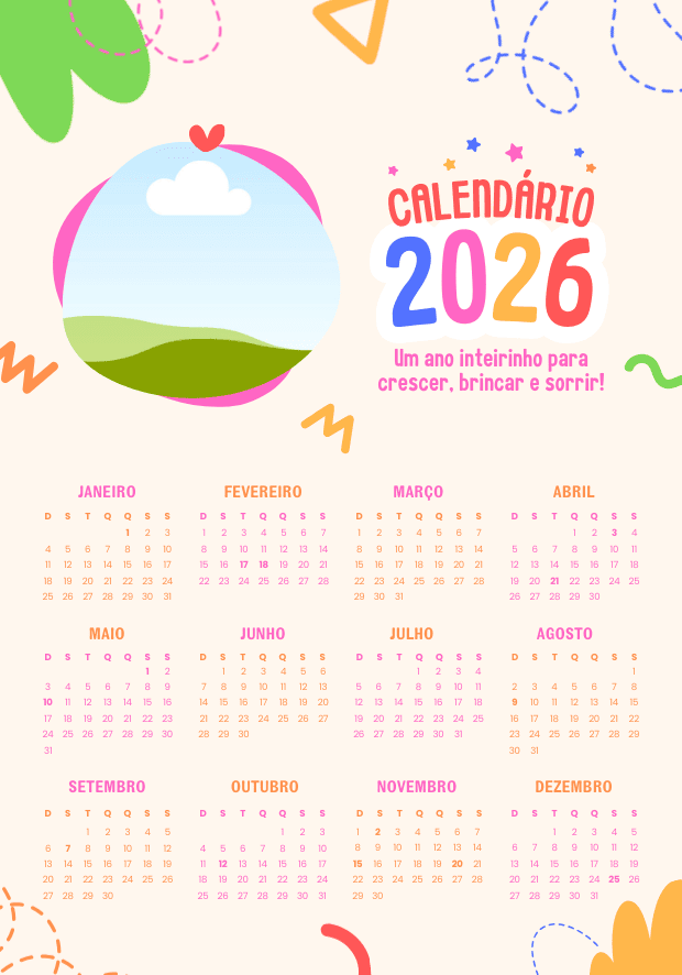 Calendário 2026 infantil com espaço para foto colorido