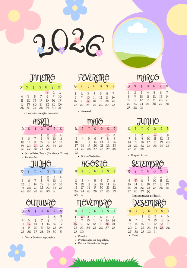 Calendário 2026 infantil com espaço para foto com flores