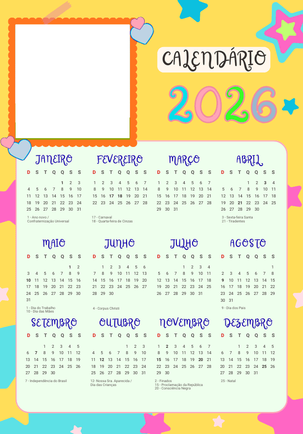 Calendário 2026 infantil com espaço para foto menina