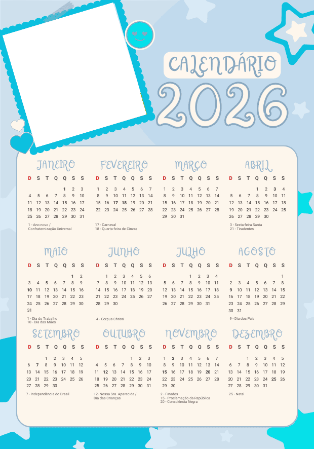 Calendário 2026 infantil com espaço para foto menino