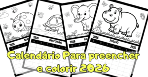Calendário para preencher e colorir animais – 2026 com ilustrações cativantes e divertidas