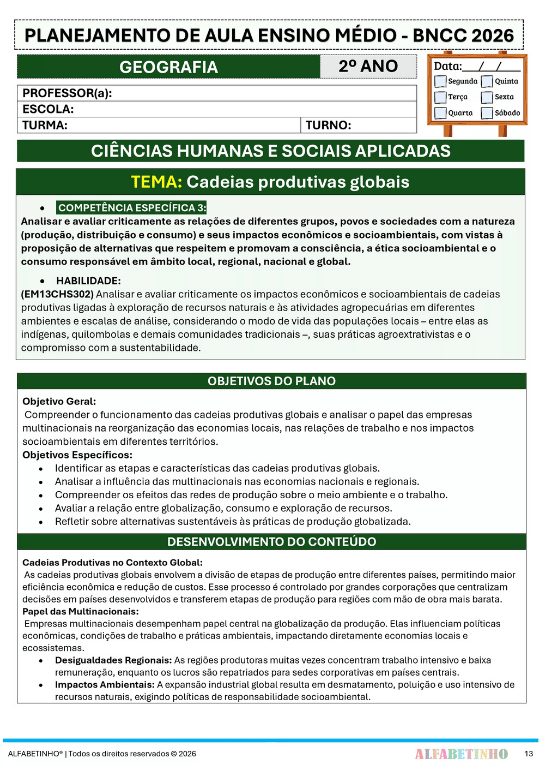 planejamento geografia ensino médio bncc 2026 editável com códigos