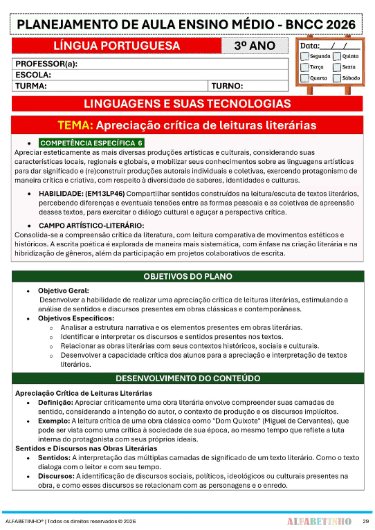 planejamento português ensino médio bncc 2026 editável com códigos