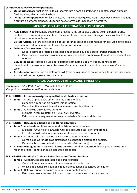 planejamento português ensino médio bncc 2026 editável com habilidades