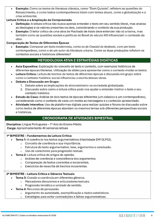 planejamento português ensino médio bncc 2026 editável word