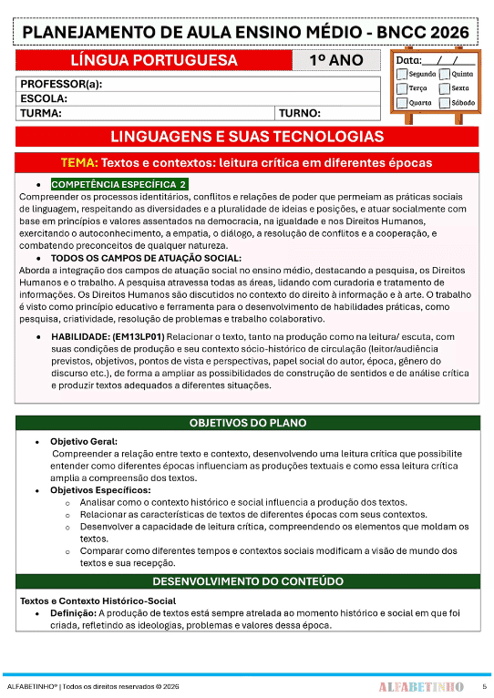 planejamento português ensino médio bncc 2026 editável