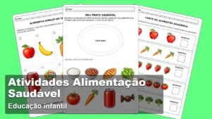 Crianças realizando atividades sobre alimentação saudável com frutas e alimentos variados na Educação Infantil
