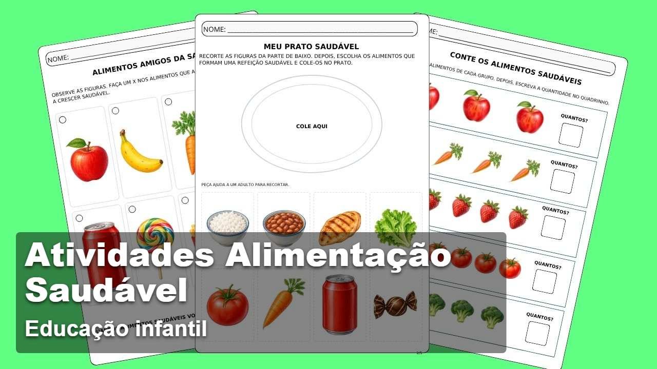 Crianças realizando atividades sobre alimentação saudável com frutas e alimentos variados na Educação Infantil