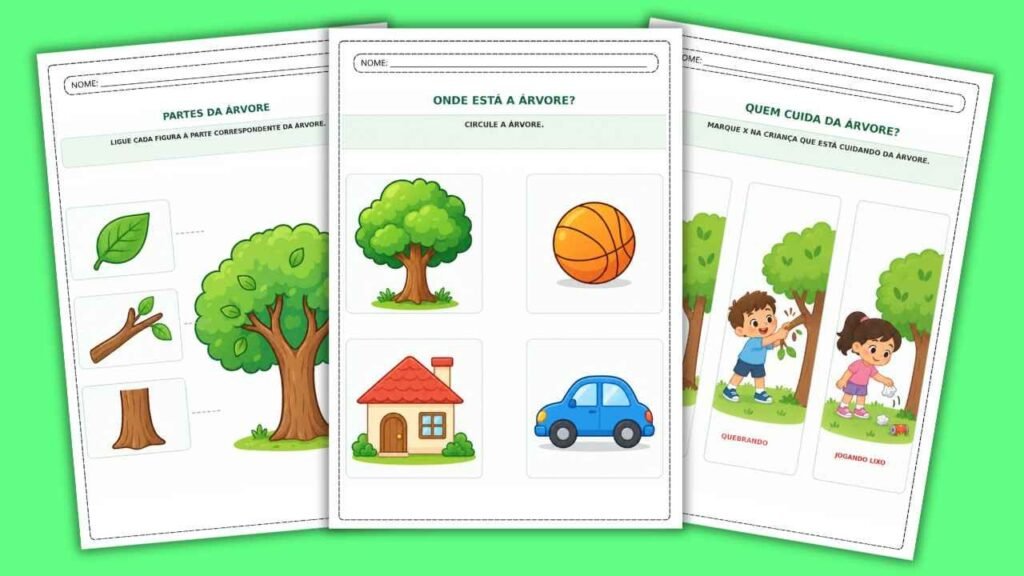 Atividades do Dia da Árvore para Educação Infantil com propostas de pintura, colagem e cuidado com a natureza