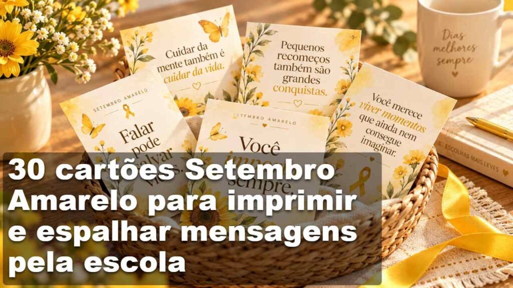 Cartões Setembro Amarelo para imprimir com mensagens de acolhimento e valorização da vida para usar na escola