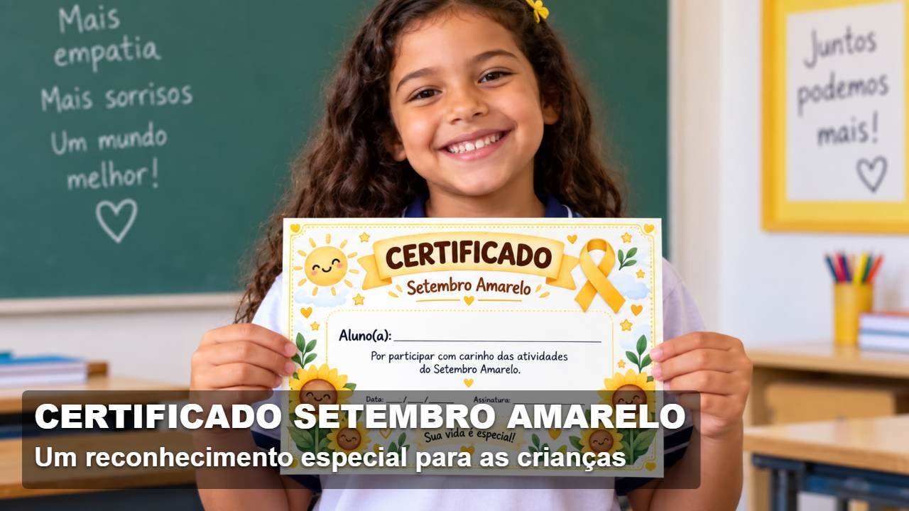Criança sorrindo e segurando certificado infantil do Setembro Amarelo decorado com girassóis