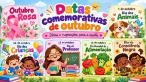 Elementos escolares e infantis representando as principais datas comemorativas de outubro de 2026