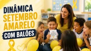 Dinâmica Setembro Amarelo com balões realizada com alunos na escola