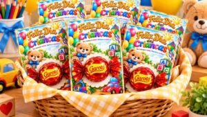 Lembrancinha Dia das Crianças para imprimir com espaço para bombom decorada com ursinho, balões e brinquedos