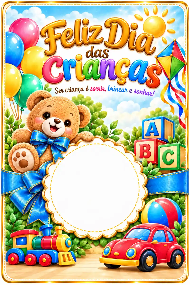 Lembrancinha Dia das Crianças para imprimir com espaço para bombom decorada com ursinho, balões e brinquedos