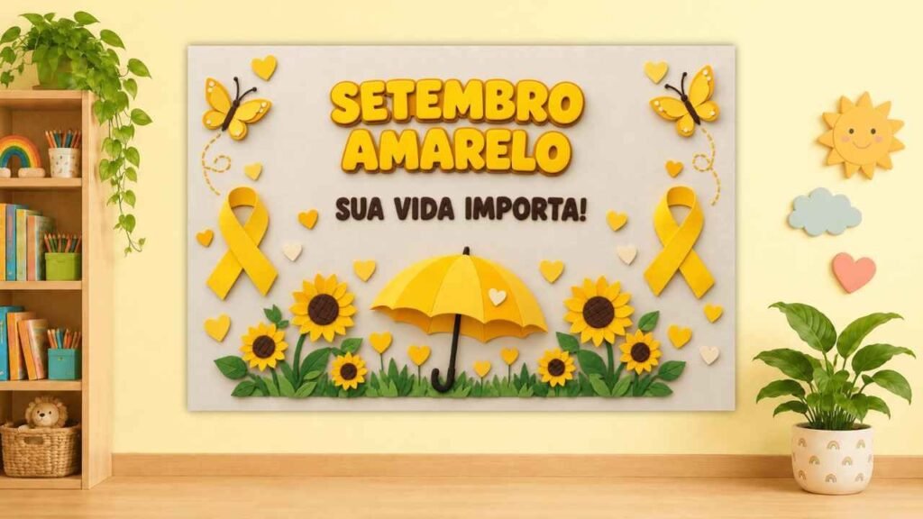 Painel estilo 3D do Setembro Amarelo com guarda-chuva, girassóis, laços e a frase Sua vida importa